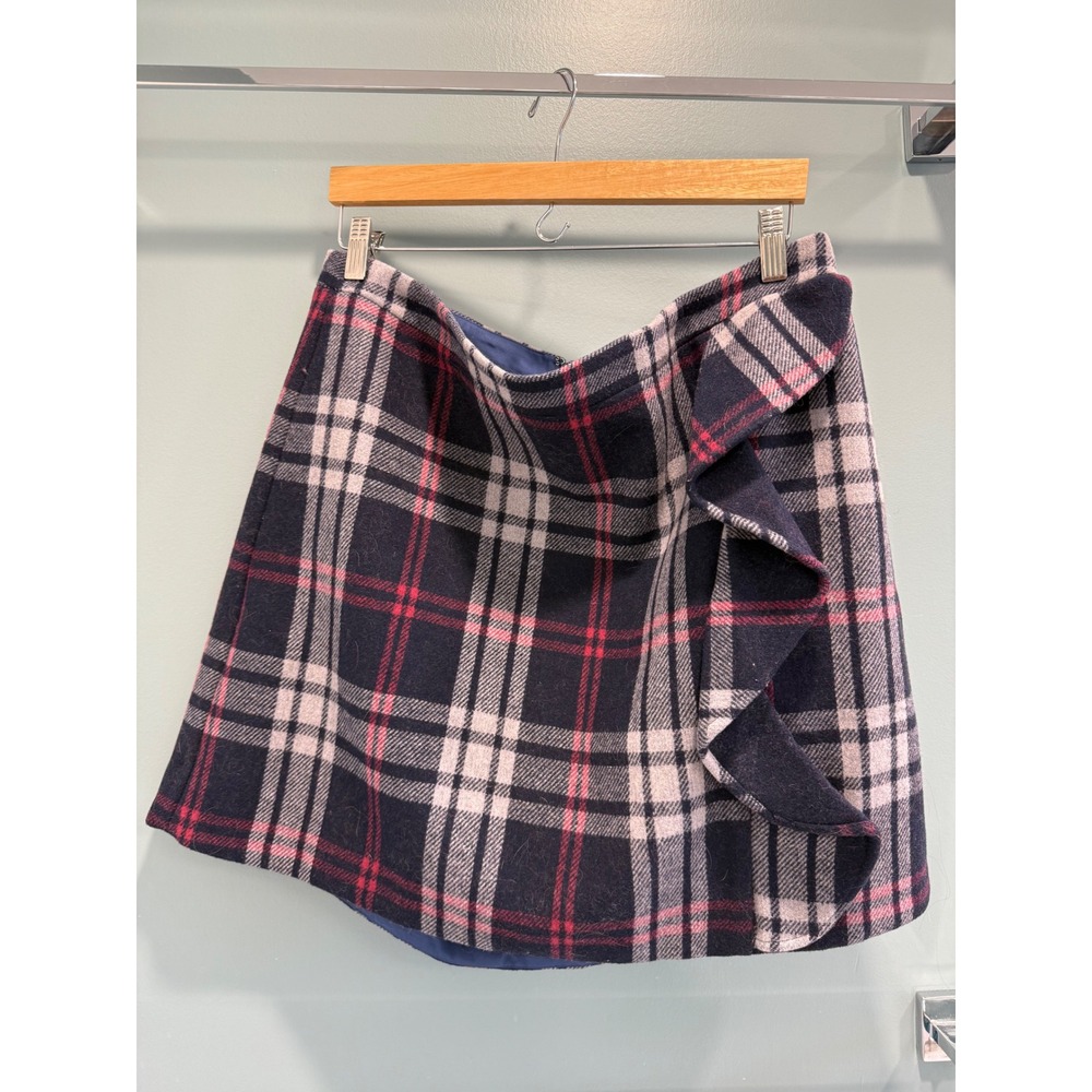 J.Crew Women Plaid Ruffle Mini Skirt Navy Red Wool Blend J6192 Sz 16 fits Sz 14 - Picture 2 of 7